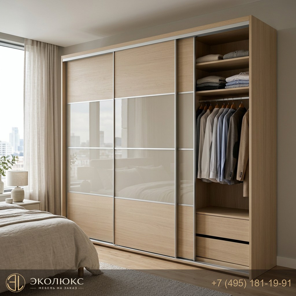 Современный бежевый шкаф-купе с глянцевыми фасадами